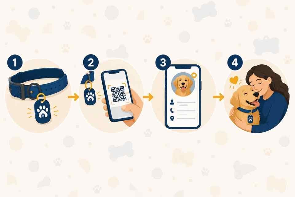 Four-step Homing Paws QR dog tag process showing how a lost dog can get home