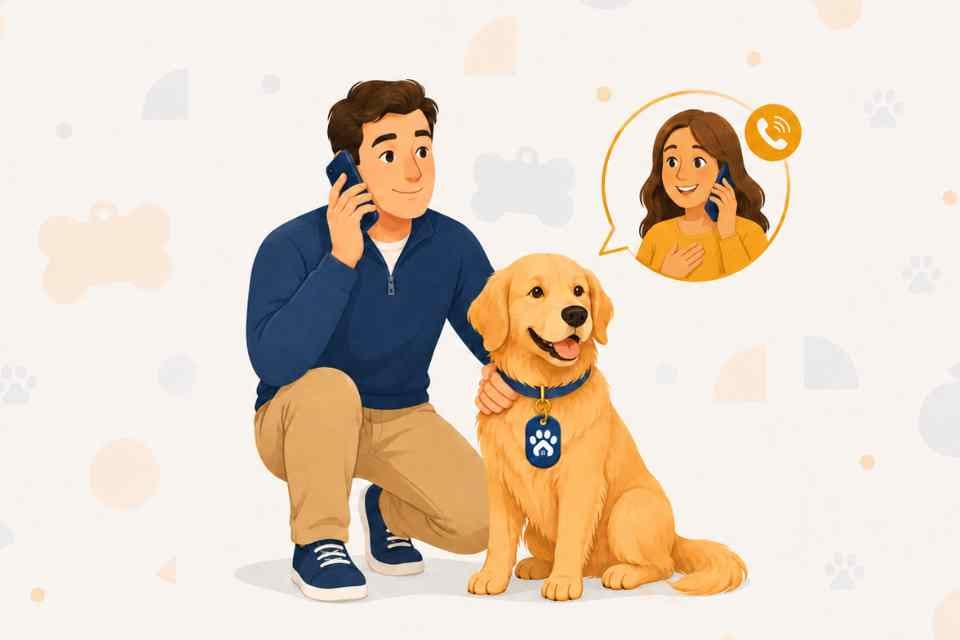Dog owner receiving a call after a found dog’s Homing Paws tag is scanned