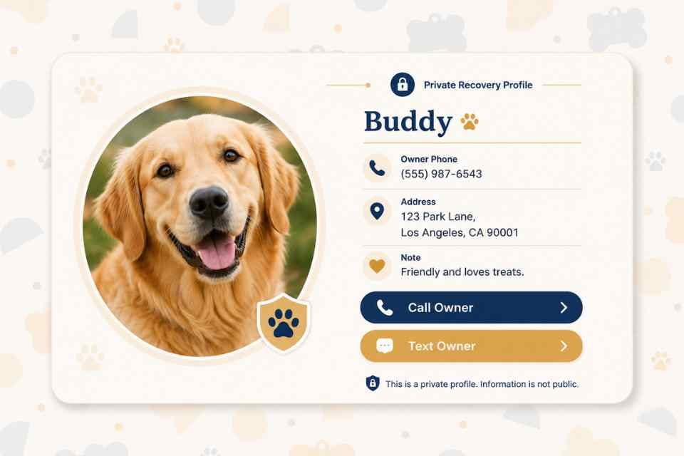 Sample Homing Paws private pet recovery profile with dog photo and owner contact options
